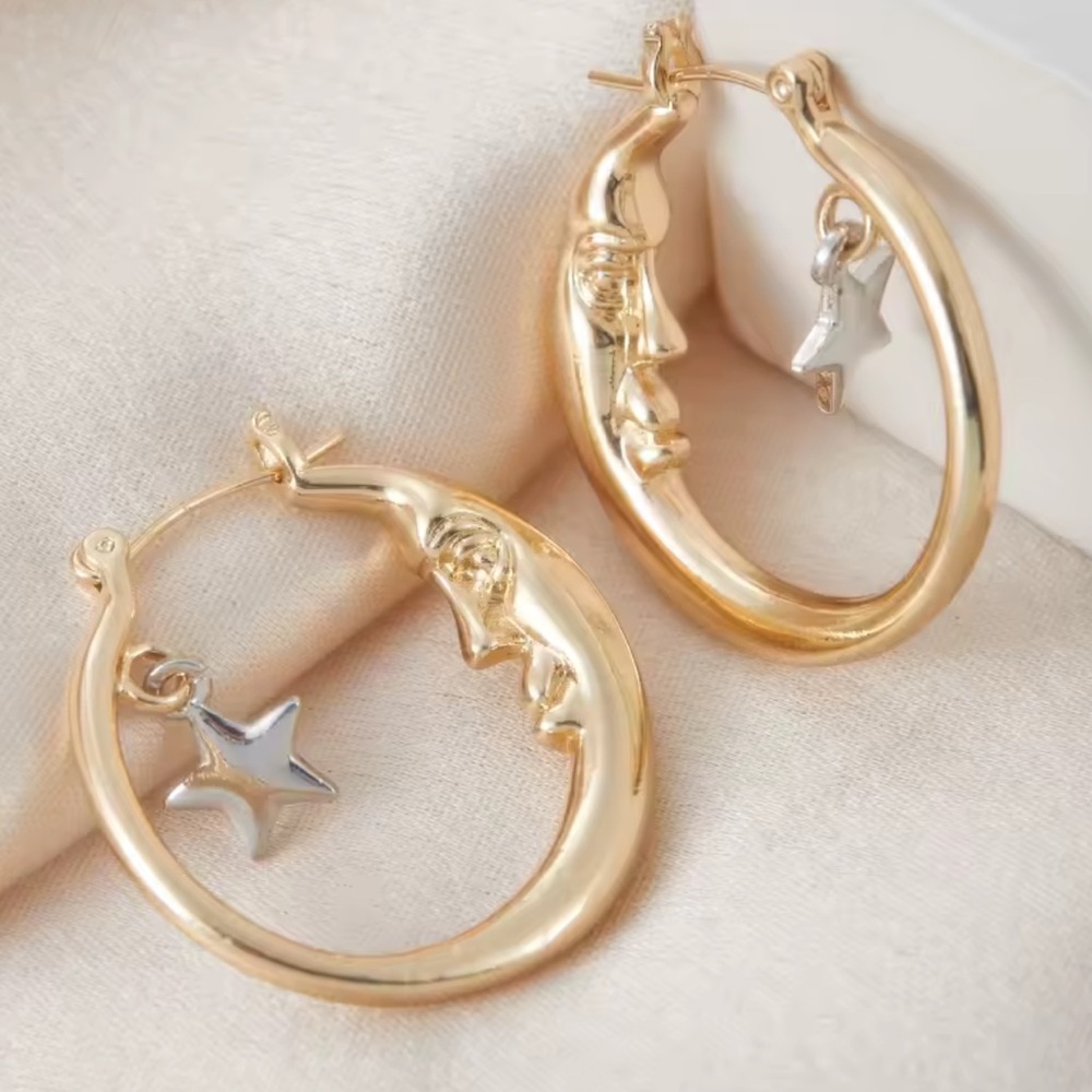 Moon Gold Hoop Earrings with Silver Star Charm - Picture 2 of 6